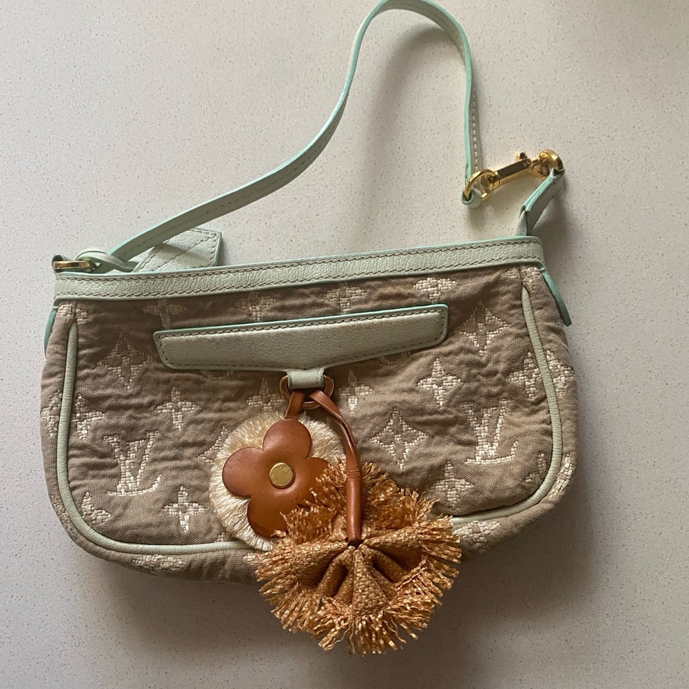 Louis Vuitton Beige and Mint Clutch with Floral Charm